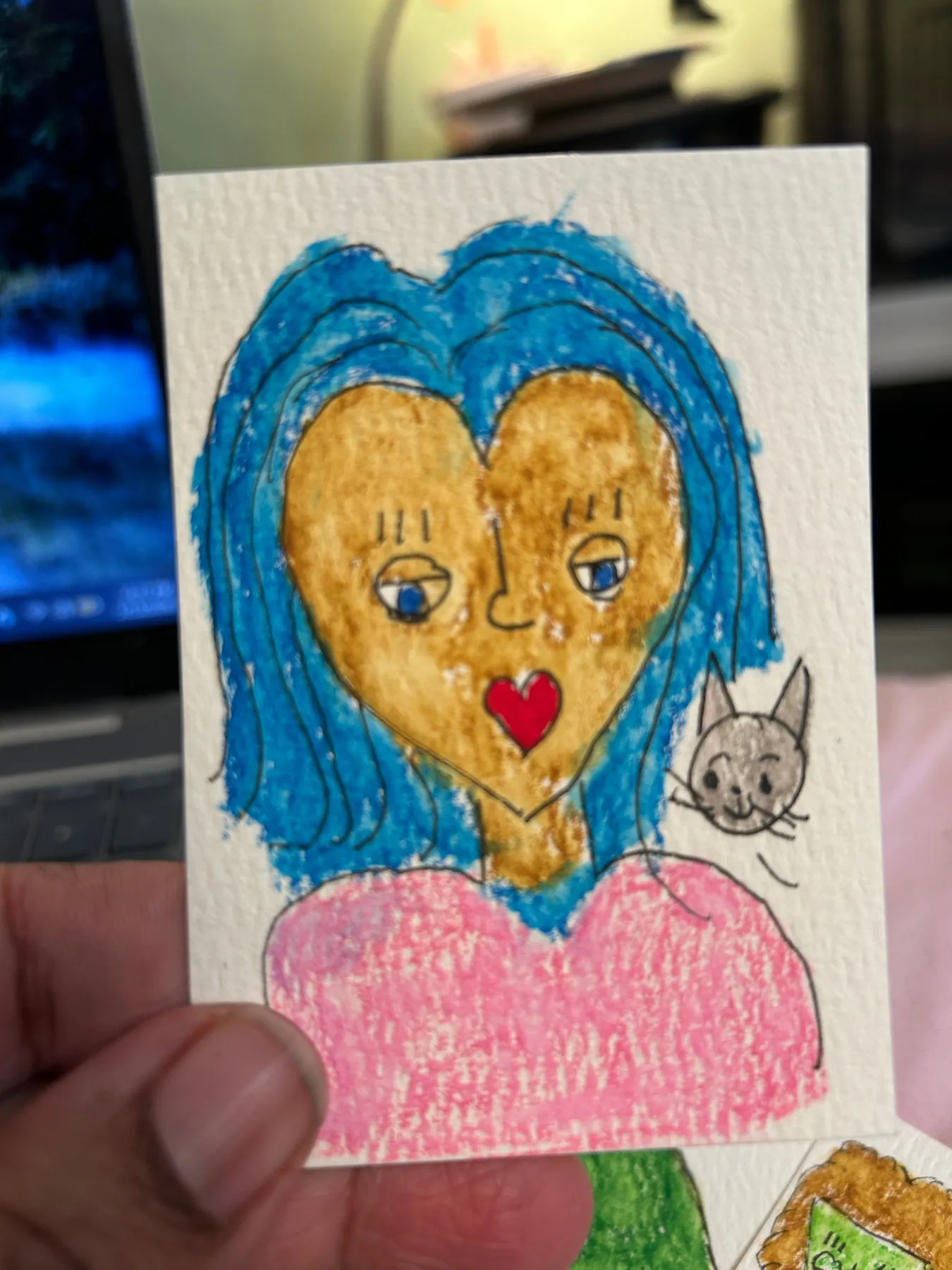 Original ACEO Art Card – Blue-Haired Girl with Cat – Whimsical Miniature Portrait aceo art card