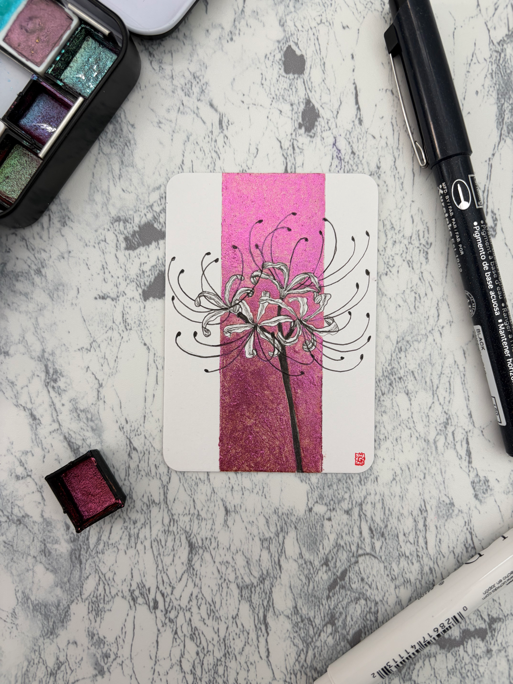 Spider Lily | flower floral botanical ink on metallic watercolor illustration aceo art card