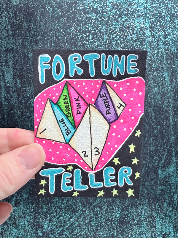 ACEO Original Vintage Nostalgia 90s Fortune Teller Game  Elizabeth Durant bright aceo art card
