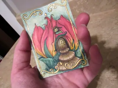 Tulip Bloom Fairy Cottage aceo art card thumbnail 1