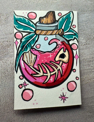 Pink glitter fantasy fish potion aceo art card thumbnail 2