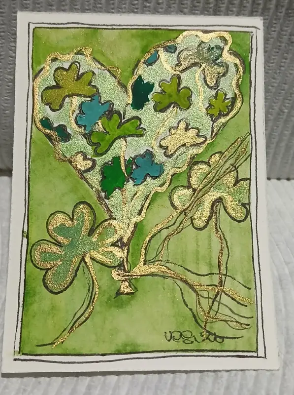 Giftable, Collectible, ACEO OOAK — a shimmering clover heart perfect for St. Patrick’s Day and love aceo art card