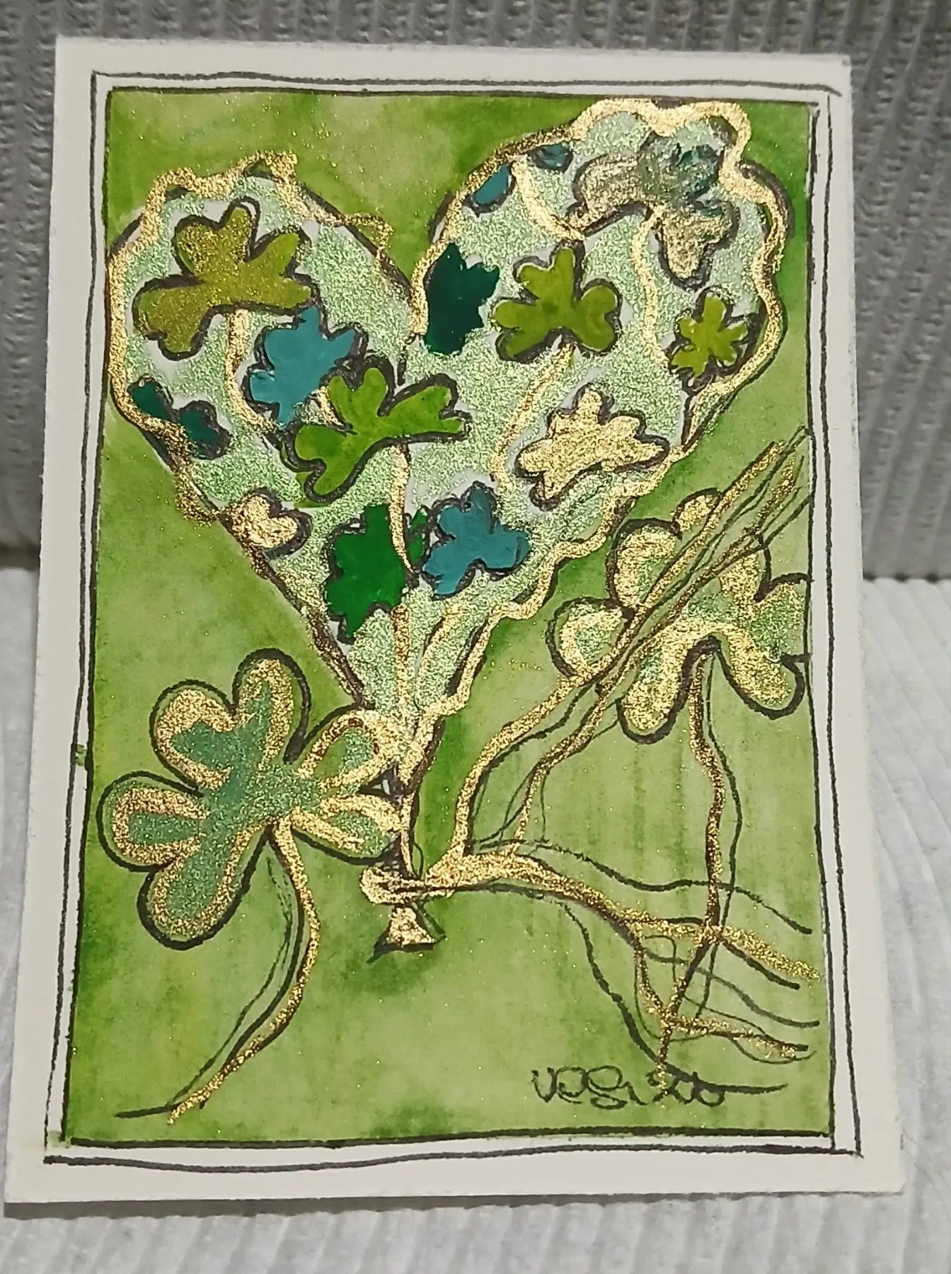 Giftable, Collectible, ACEO OOAK — a shimmering clover heart perfect for St. Patrick’s Day and love aceo art card