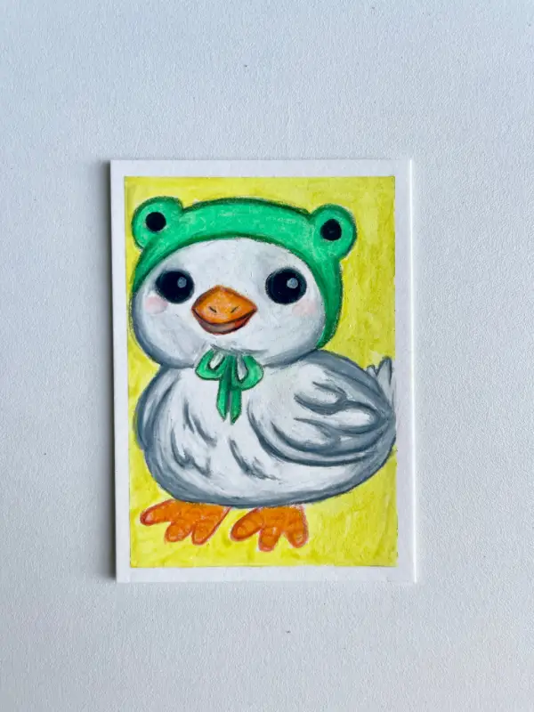 SIlly Goose in a Frog Hat aceo art card