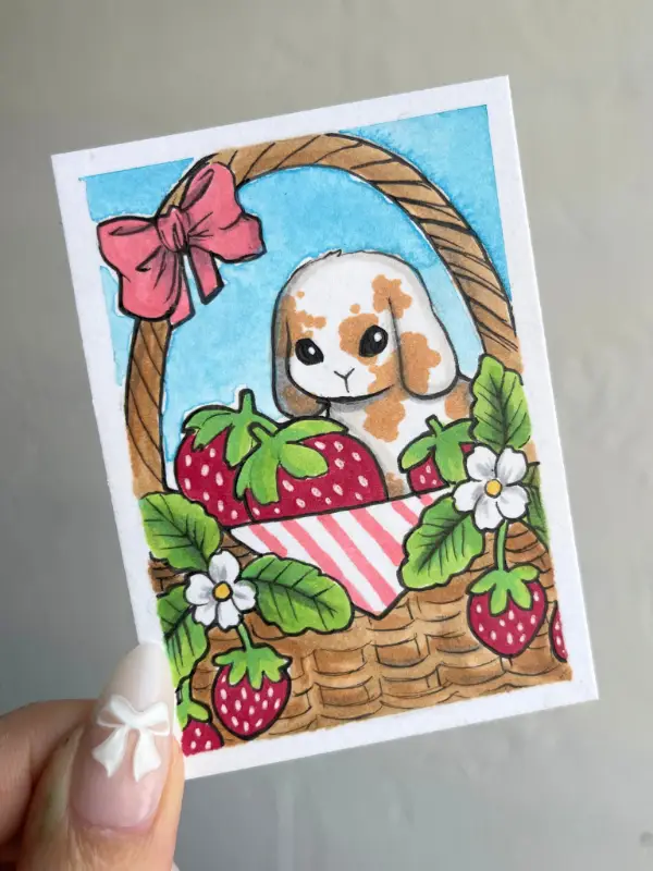 Bunny Strawberry Basket aceo art card