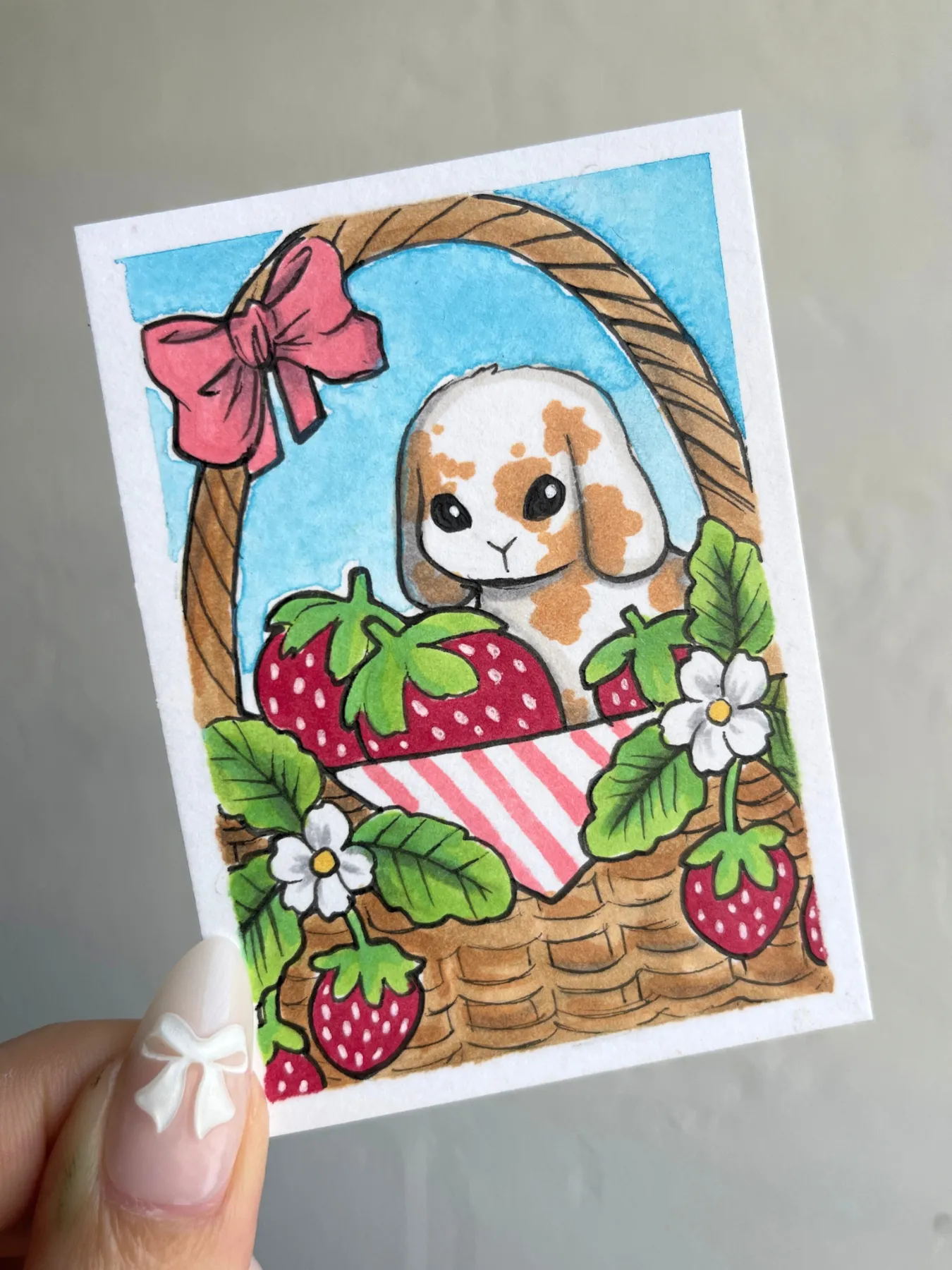 Bunny Strawberry Basket aceo art card