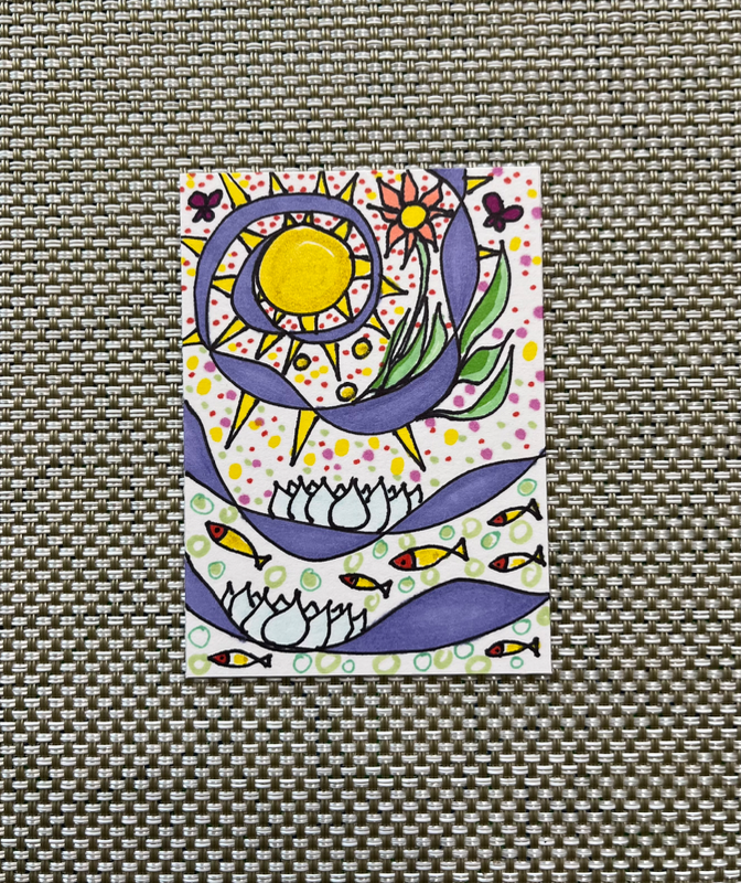 “Bright Day Play” Whimsical Lotus, Fish, Sun, Butterfly aceo art card