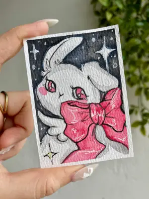 Bunny and Bow aceo art card thumbnail 1