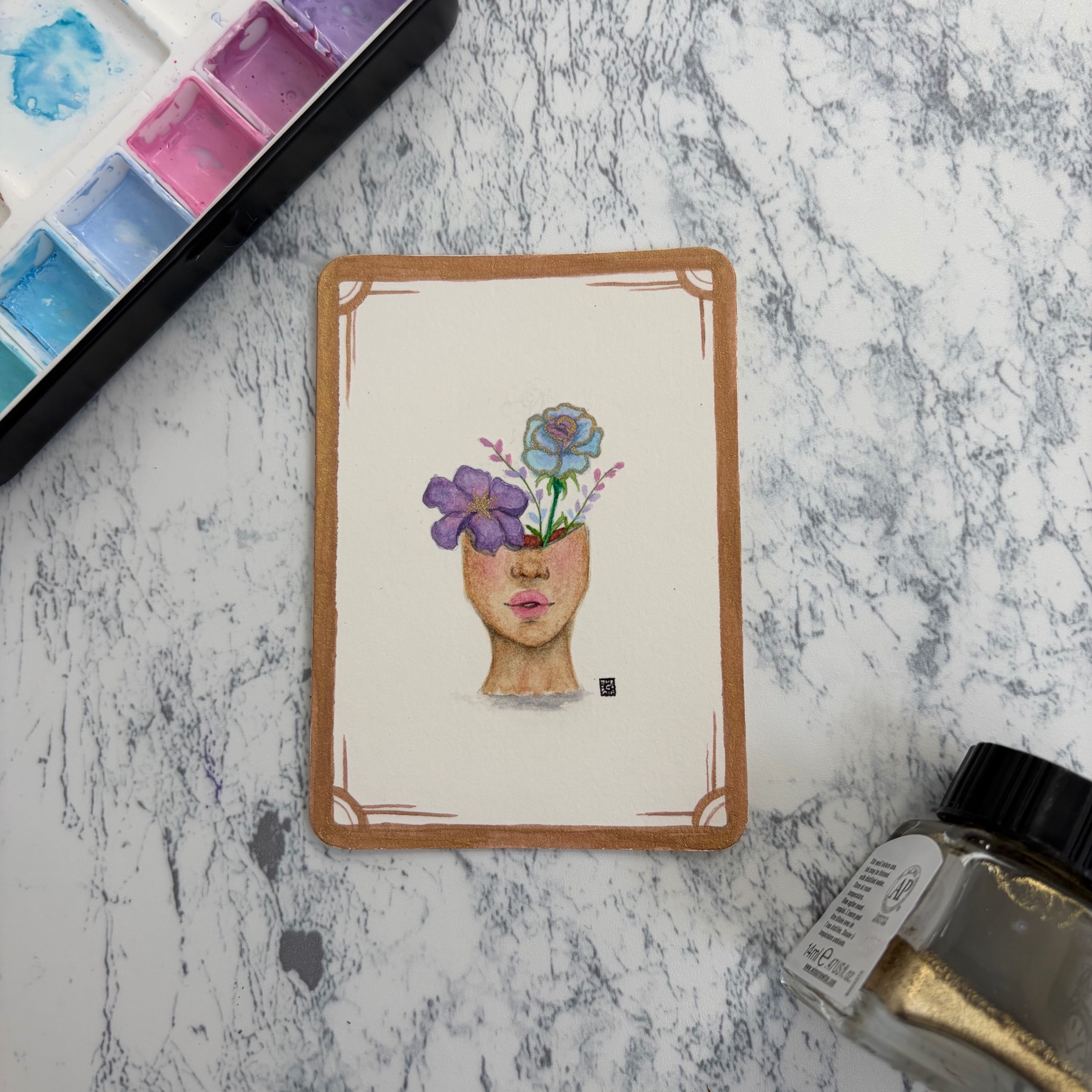 Surrealism flowers in a vase head | botanical portrait watercolor painting aceo art card