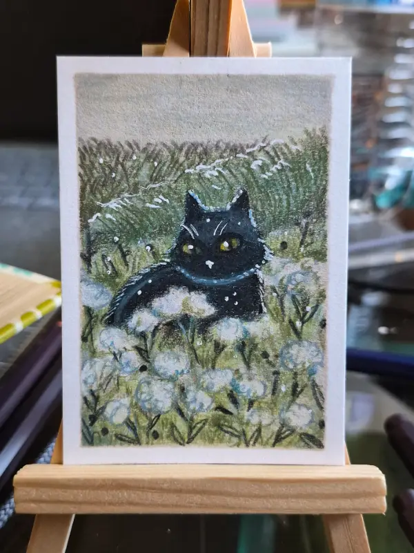 Cat in prairie aceo art card