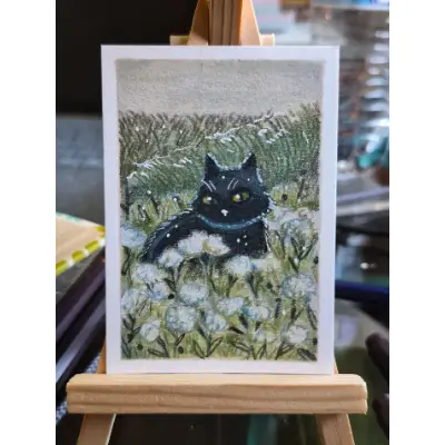Cat in prairie aceo art card thumbnail 1