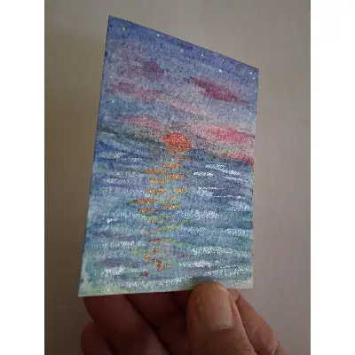 Moonrise over the ocean aceo art card thumbnail 2
