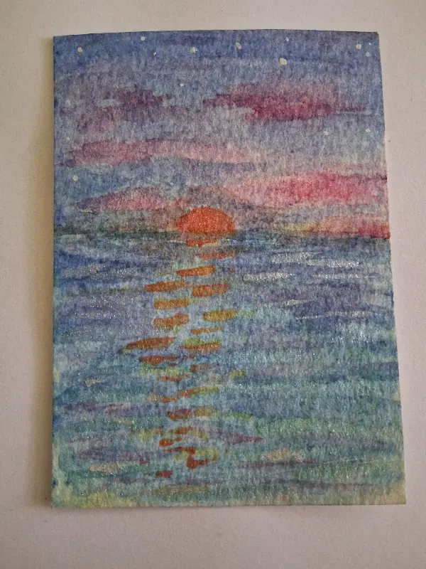 Moonrise over the ocean aceo art card