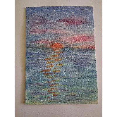 Moonrise over the ocean aceo art card thumbnail 1