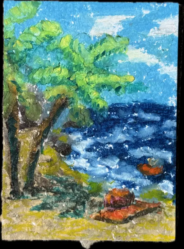 Beach Day Swim at the island shore aceo art card