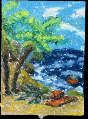 Beach Day Swim at the island shore aceo art card thumbnail 1