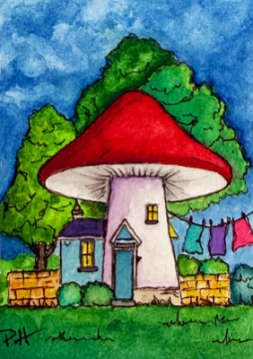 Watercolor Enchanted Mushroom House-Scarlet Cap Cottage Art by PHarp Watercolors aceo art card thumbnail 1