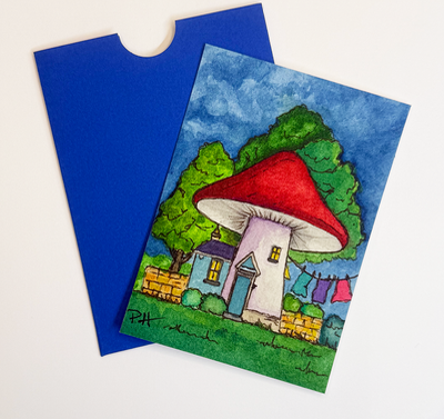 Watercolor Enchanted Mushroom House-Scarlet Cap Cottage Art by PHarp Watercolors aceo art card thumbnail 2