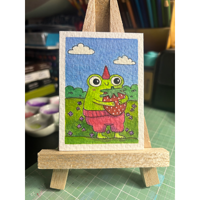 Froggy loves Strawberry aceo art card thumbnail 2