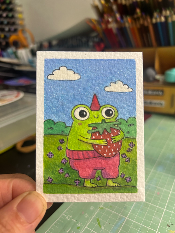 Froggy loves Strawberry aceo art card