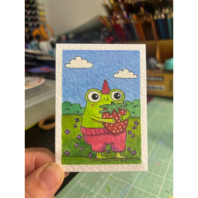 Froggy loves Strawberry aceo art card thumbnail 1