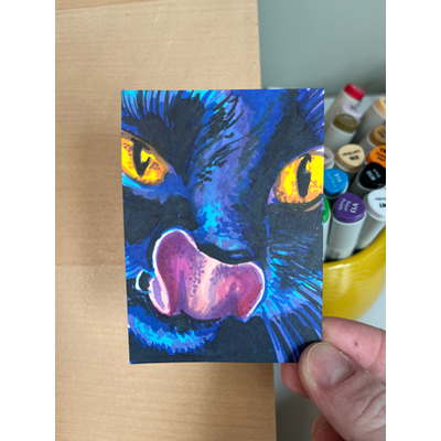 Sus Nose Lickin (Little Black Cat Series) aceo art card thumbnail 1