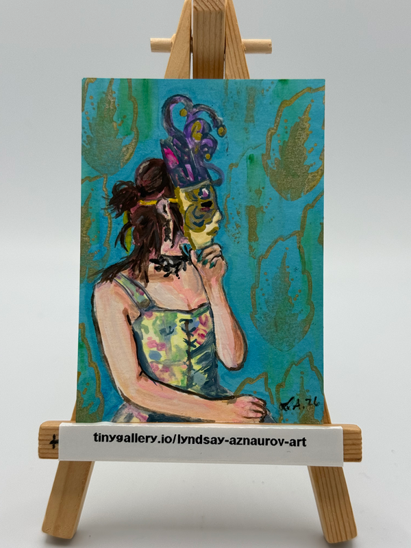 Girl in Mask Original Mixed Media ACEO by Lyndsay Aznaurov aceo art card