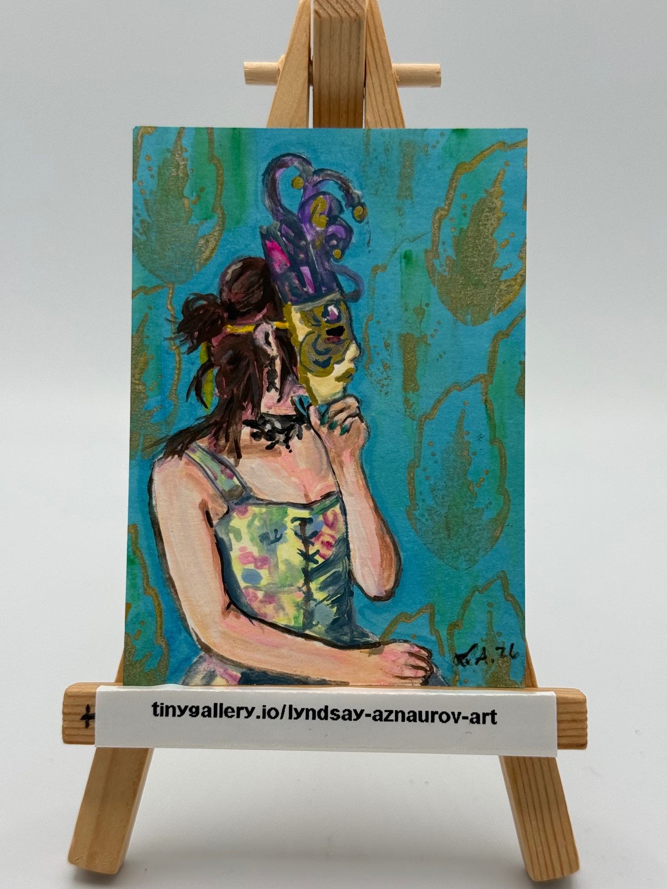 Girl in Mask Original Mixed Media ACEO by Lyndsay Aznaurov aceo art card