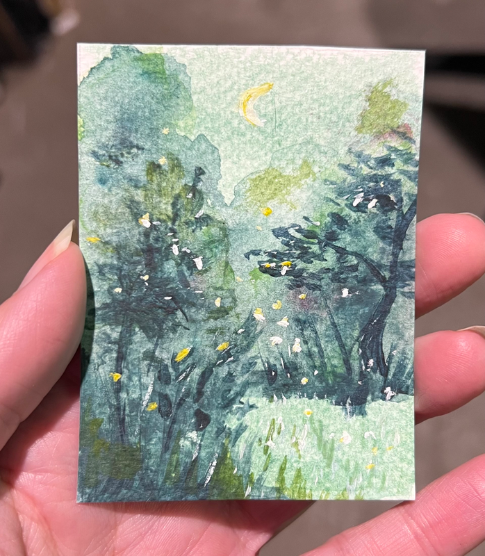 Moody green moonlit landscape aceo art card