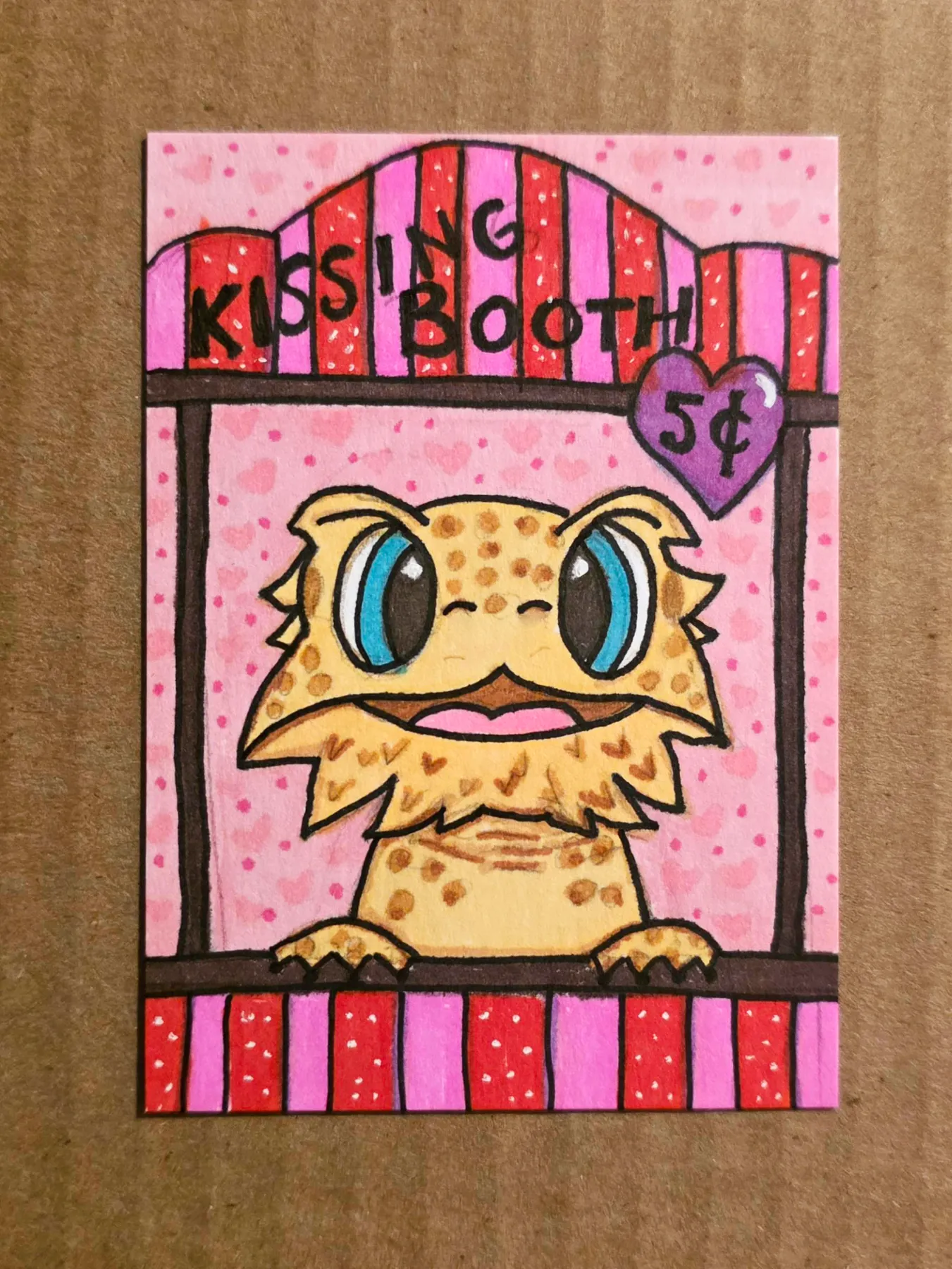 Kissing Booth Beardie ACEO Original Acrylic Painting by Melissa Lehmann aceo art card