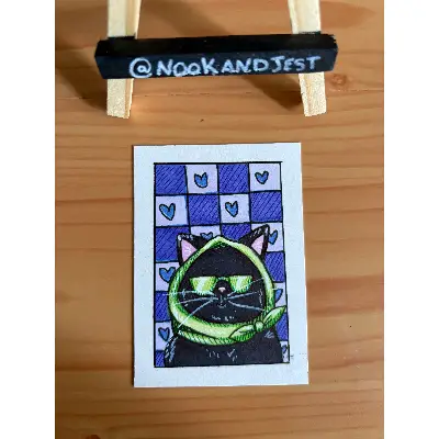 Chic Black cat purple hearts aceo art card thumbnail 2