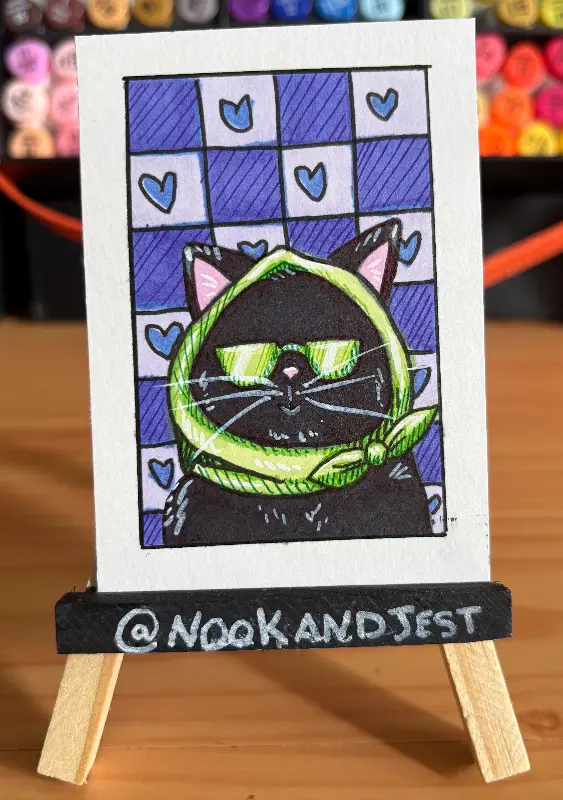 Chic Black cat purple hearts aceo art card