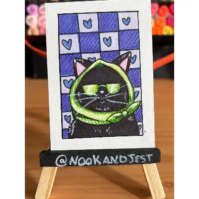 Chic Black cat purple hearts aceo art card thumbnail 1