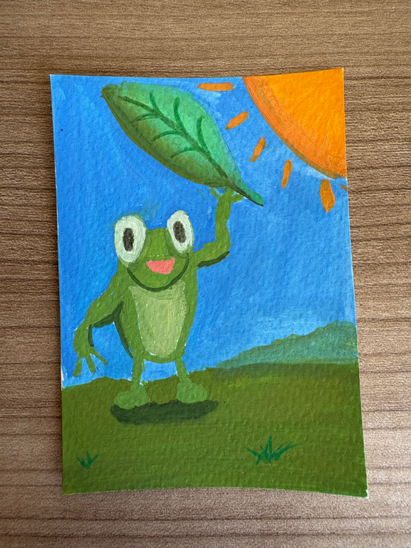 Frog Holding Leaf aceo art card