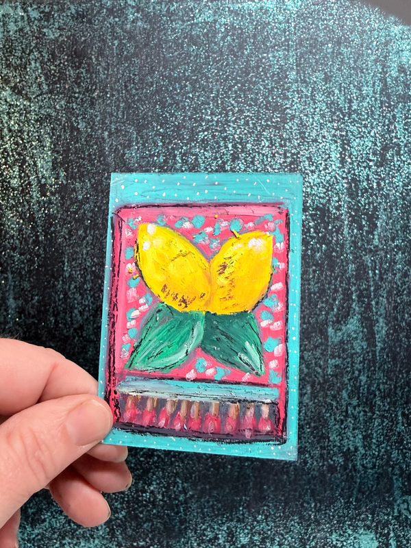 Original ACEO Art Whimsical Lemons on a Matchbox Art Oil Pastel Mini 2.5x3.5 aceo art card
