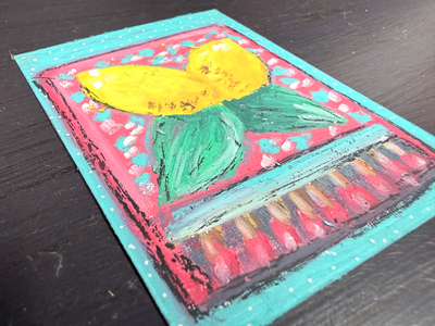 Original ACEO Art Whimsical Lemons on a Matchbox Art Oil Pastel Mini 2.5x3.5 aceo art card thumbnail 2