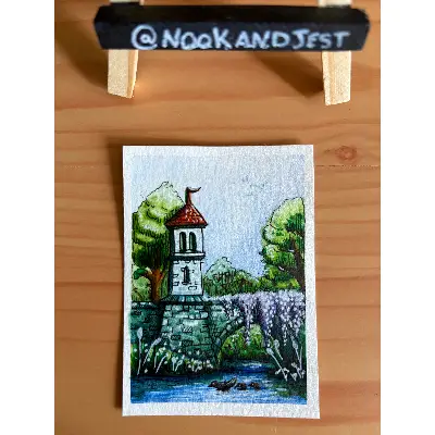 the old watertower bridge - watercolor and ink on watercolor paper aceo art card thumbnail 2