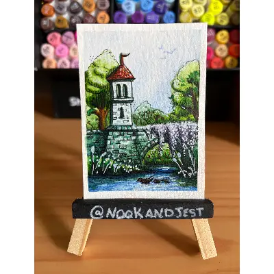 the old watertower bridge - watercolor and ink on watercolor paper aceo art card thumbnail 1