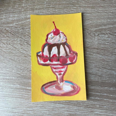 Strawberry Sundae Parfait on Yellow Background ACEO Painting aceo art card thumbnail 2