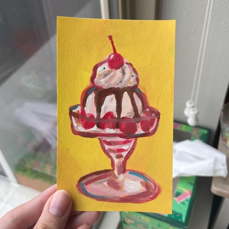 Strawberry Sundae Parfait on Yellow Background ACEO Painting aceo art card