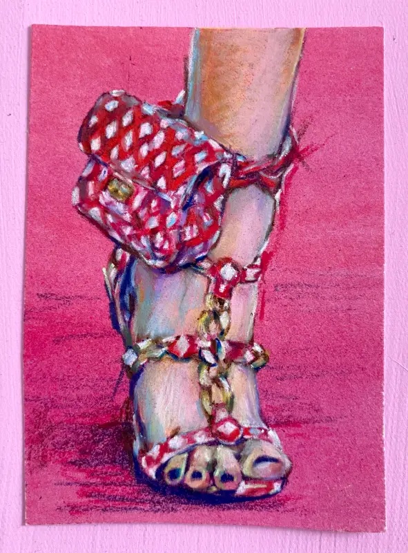 Lindsay Lohan's Ankle Monitor - Red and White Strappy Heels aceo art card
