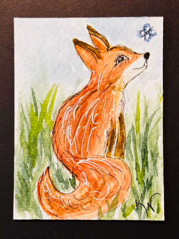 Fox and the butterfly aceo art card
