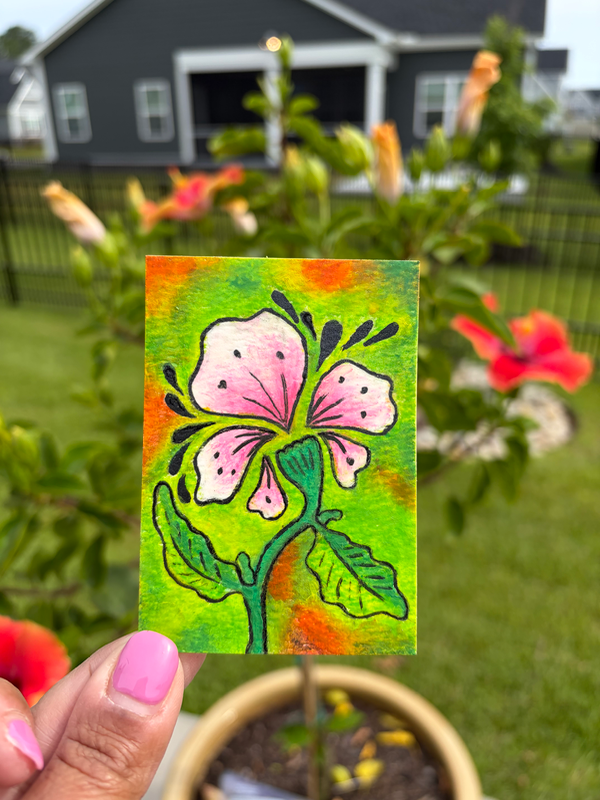 Zentangle Hibiscus Abstract Oil Pastel aceo art card