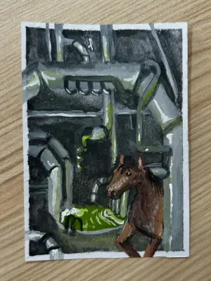 Horse Playing in the Green Slime Factory aceo art card thumbnail 1
