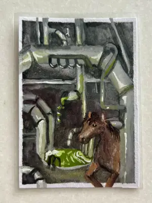 Horse Playing in the Green Slime Factory aceo art card thumbnail 2