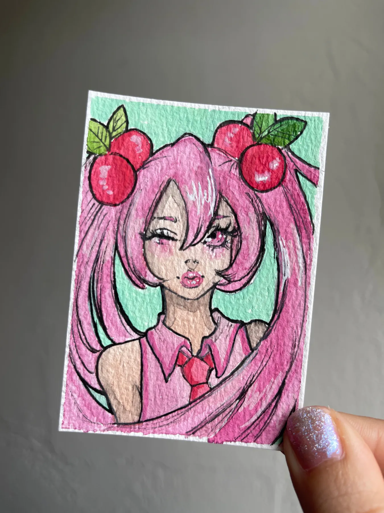 Cherry Miku Portrait - Anime Girl aceo art card