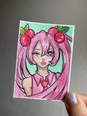 Cherry Miku Portrait - Anime Girl aceo art card thumbnail 1