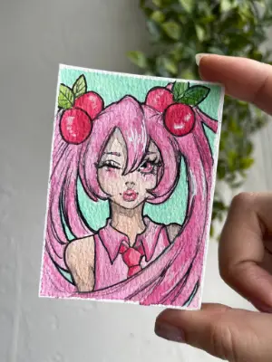 Cherry Miku Portrait - Anime Girl aceo art card thumbnail 2