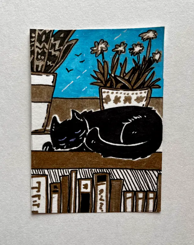 cat on a golden windowsill | stand-alone, mixed media aceo art card