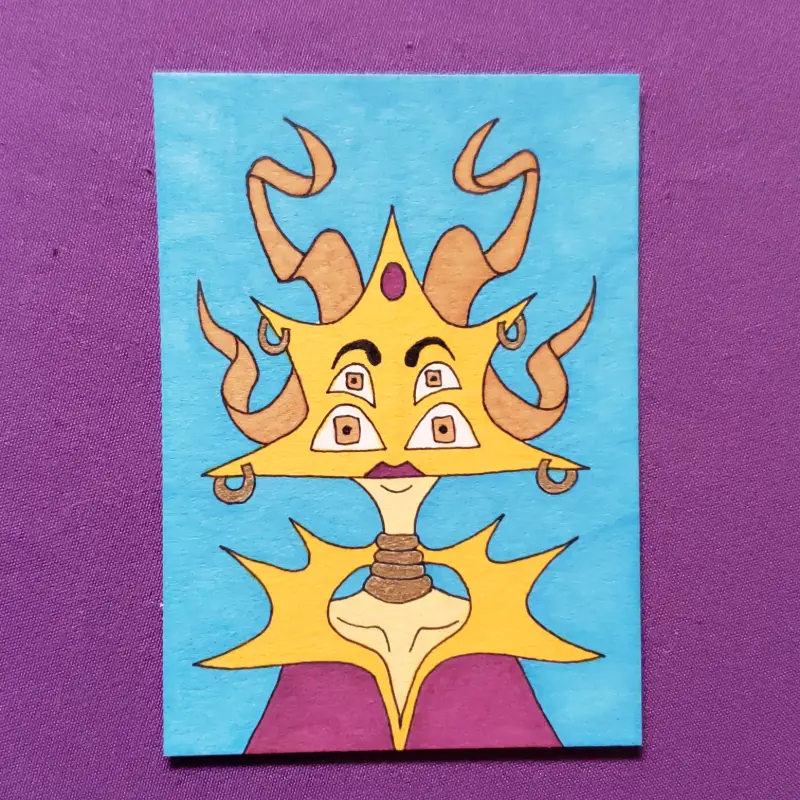 Original Fantasy Sun Creature Marker Illustration with Gold Details OOAK aceo art card